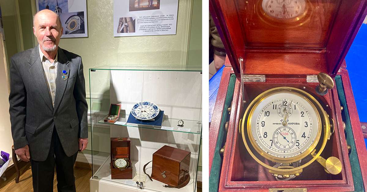 А. И. Носко со своей коллекцией в музее, тот самый морской хронометр